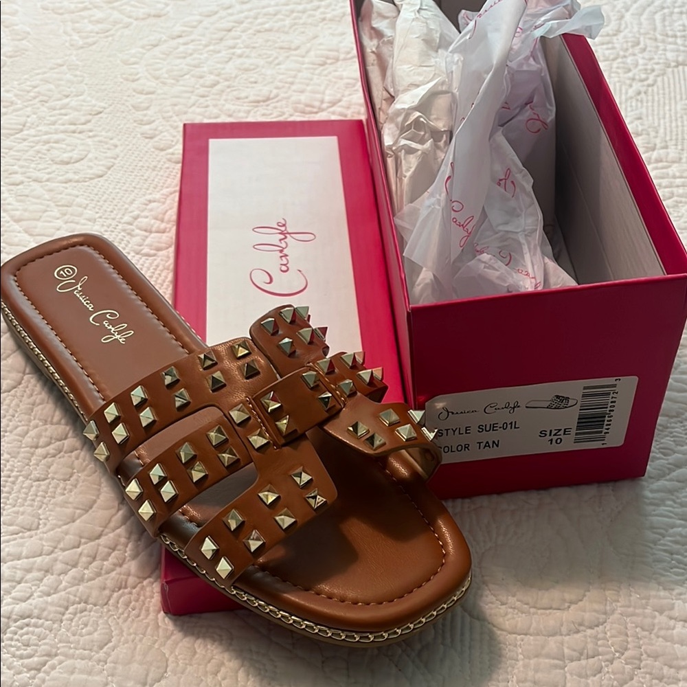 Jessica Carlyle Tan Slide Sandals with Gold Studs. Brand new.